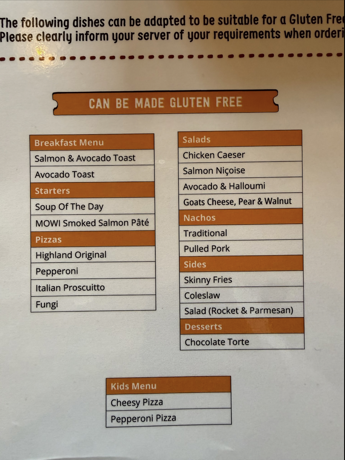 Gluten-free menu at Highland Cinema
